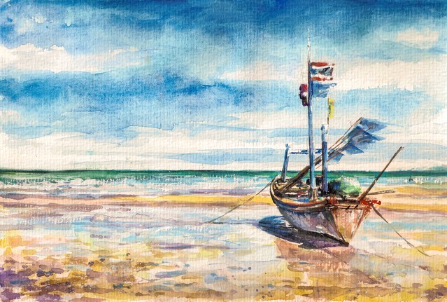 Boat on the beach, Thailand - Picture created with watercolors